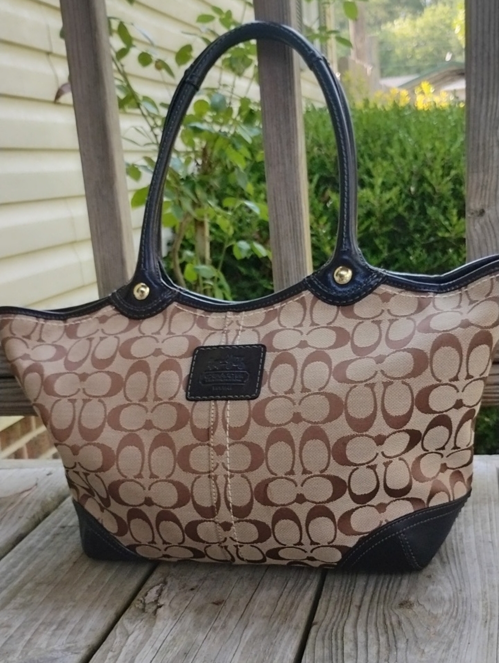 Coach Bleecker Signature Monogram Canvas Tote Bag in Brown and Tan